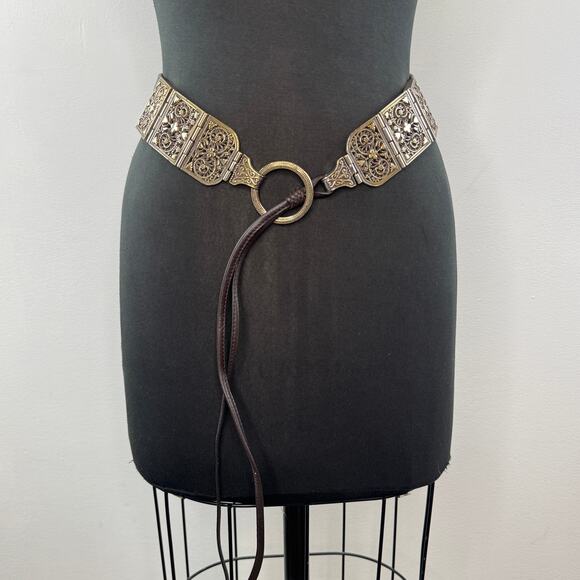 BRIGHTON Brown Gold Belt Silver Light Gold Leather Tie Casual Size Medium M main image 6